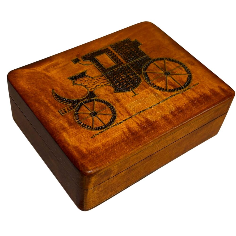 Vintage brass coiled mid century carved burned wood trinket box stagecoach motif
